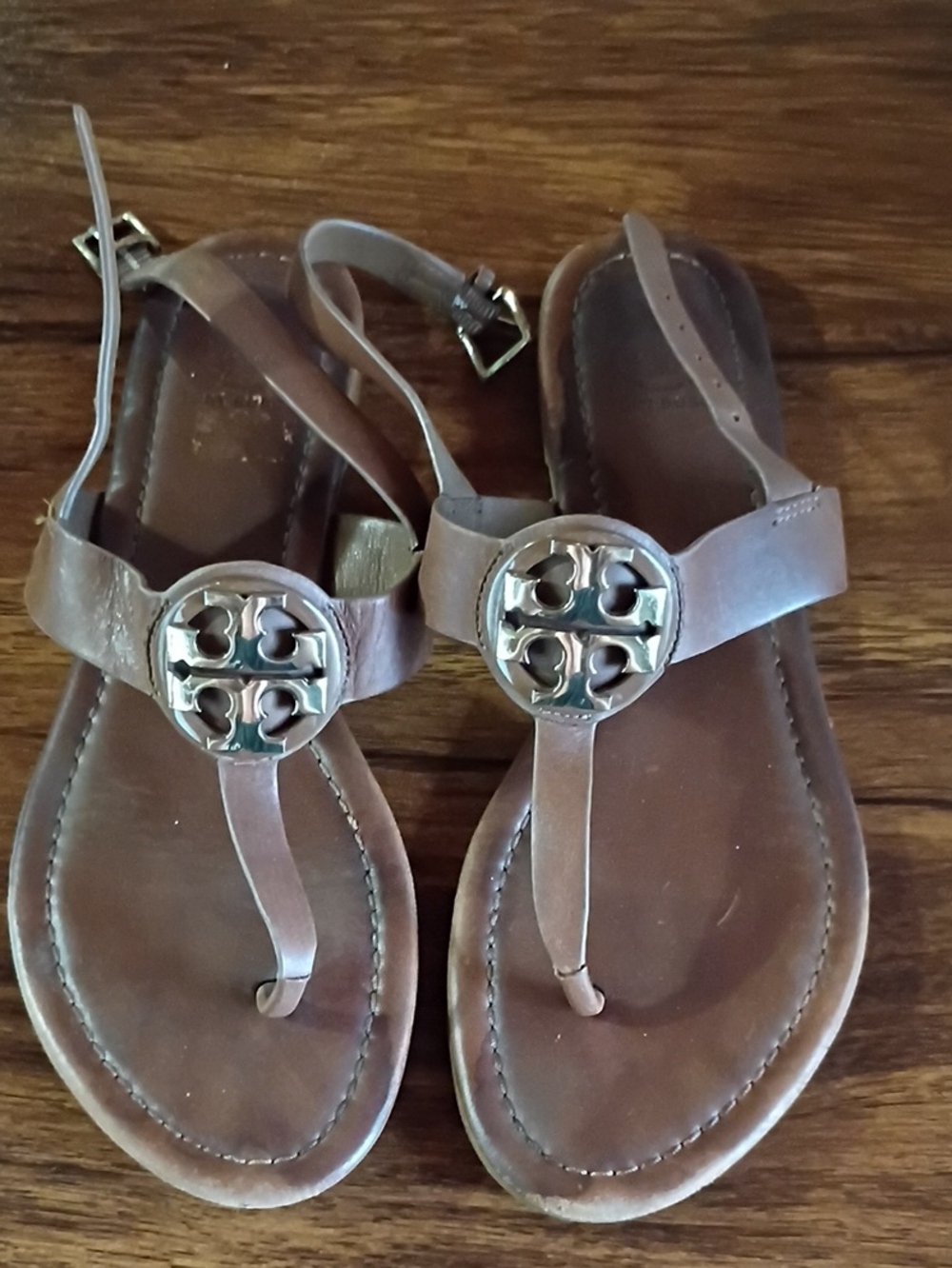 Tory Burch Brown Leather Miller Thong Sandals with Gold Logo